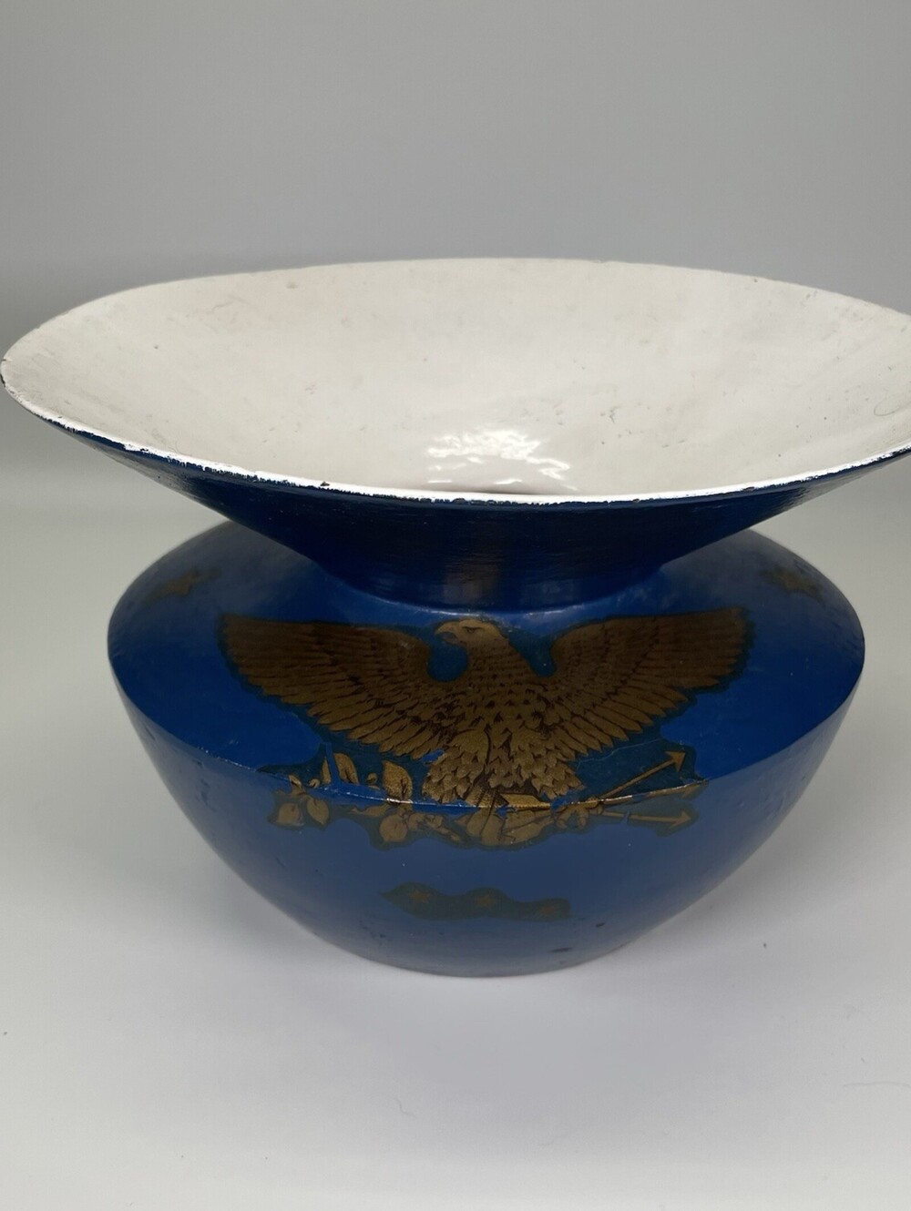 Vintage Royal Blue Cast Iron Spittoon Americana Eagle Stars Patriotic Decor